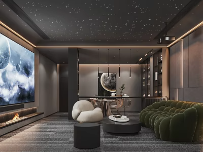 Modern Home Theater Room With Starry Ceiling Large Screen Sofas And Fireplace 3d model