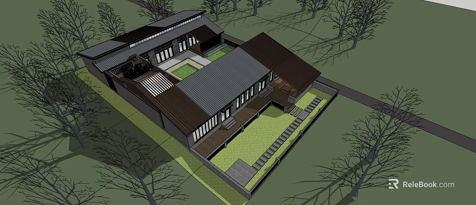 Modern Courtyard Architecture Surrounded by Trees With Connected Roofs Lawn And Stone Paths 3d model