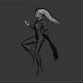 3D Female Fantasy Warrior With White Long Hair Dark Purple Armor Dynamic Pose Gray Background
