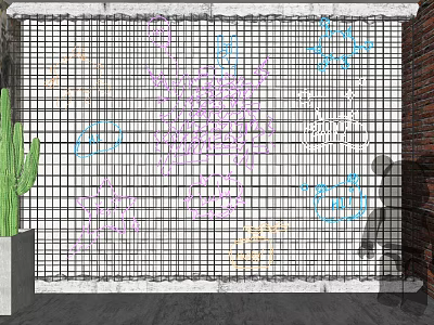 Colorful Decorative Lights on Grid Panel with Brick Wall Cactus and Silhouette 3d model
