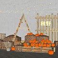 Autumn Themed Decorative Setup With Pumpkins Hay Bales Wooden Frame And String Lights