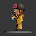 3D Cartoon Character Figurine With Pink Earmuffs Yellow Jumpsuit And Blue Beaker On Gray Base