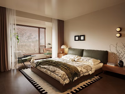 Comfortable Double Bed With Soft Green Headboard Placed In Warm Mid Century Bright Bedroom Interior 3d model