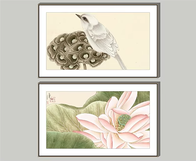 Traditional Chinese Wall Art With White Bird On Lotus Seed Pod And Pink Lotus Flower 3d model