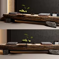 Zen Style Wooden Bench With Gray Cushions Green Plants And Stone Supports