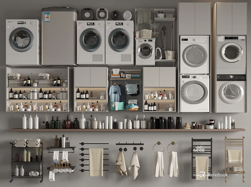 Laundry Room Setup With Multiple Washing Machines And Drying Racks 3d model 