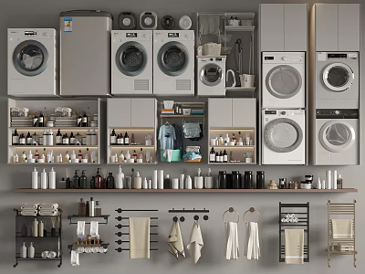 Laundry Room Setup With Multiple Washing Machines And Drying Racks 3d model