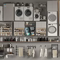 Laundry Room Setup With Multiple Washing Machines And Drying Racks 3d model