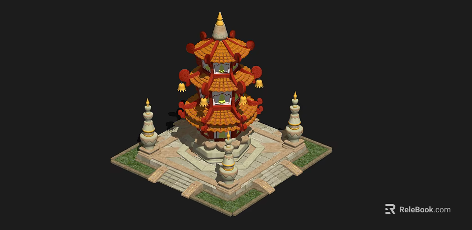 Ancient Chinese Pagoda Featuring Multi Tiered Red Orange Roofs Yellow Ornaments And White Stone Base 3d model 