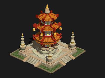 Ancient Chinese Pagoda Featuring Multi Tiered Red Orange Roofs Yellow Ornaments And White Stone Base 3d model