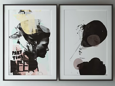 Two Framed Abstract Art Paintings With Human Profiles And Geometric Shapes 3d model