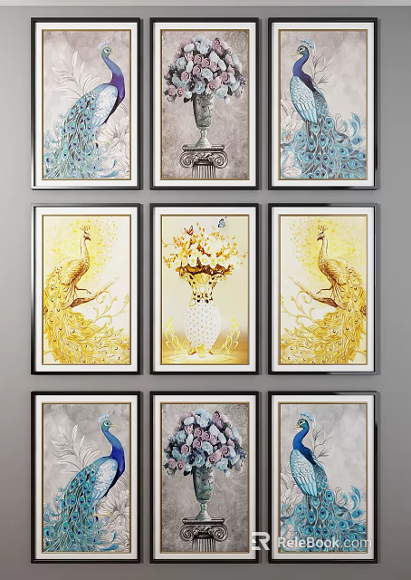 Framed Peacock Animal Paintings with Golden Blue Feathers and Decorative Art 3d model 