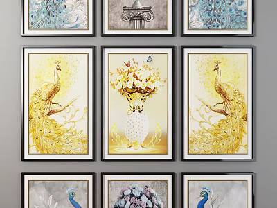 Framed Peacock Animal Paintings with Golden Blue Feathers and Decorative Art 3d model
