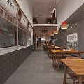 Traditional Restaurant Interior With Wooden Tables Chairs Lanterns Open Kitchen And Menu Boards
