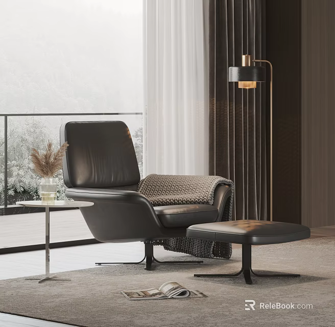 Black Leather Lounge Chair With Ottoman Side Table And Floor Lamp By Window 3d model 