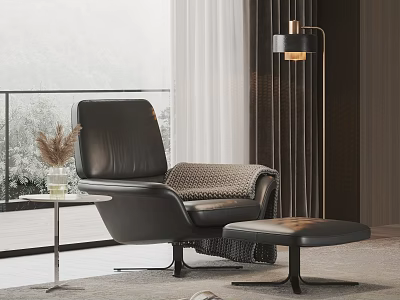 Black Leather Lounge Chair With Ottoman Side Table And Floor Lamp By Window 3d model