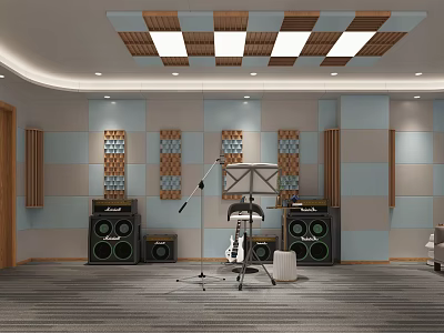 Music Room Interior With Checkered Ceiling Wall Panels Saxophone Music Stand Speakers 3d model