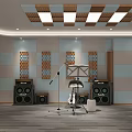 Music Room Interior With Checkered Ceiling Wall Panels Saxophone Music Stand Speakers