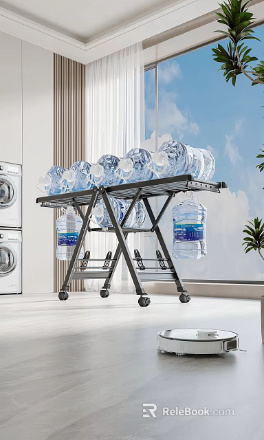 Heavy Duty Metal Garment Rack With Wheels Holding Water Bottles In Laundry Room 3d model 