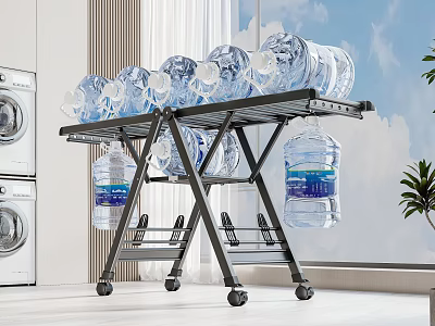Heavy Duty Metal Garment Rack With Wheels Holding Water Bottles In Laundry Room 3d model