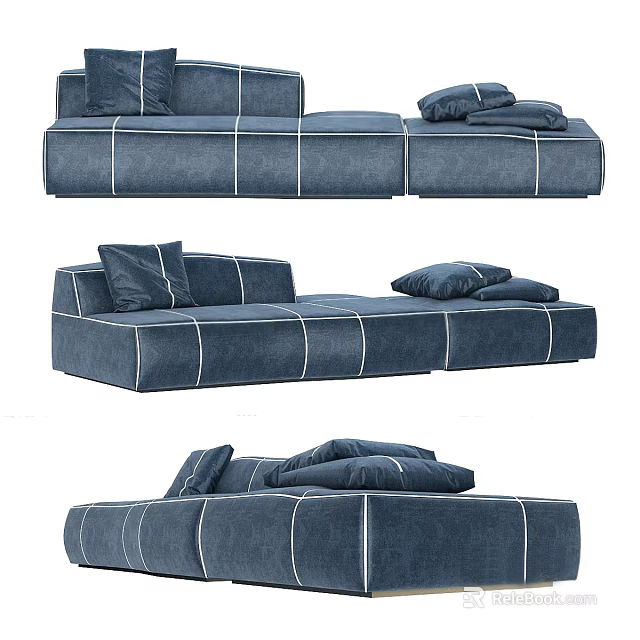 Modern Navy Blue Sectional Fabric Sofa With White Stitching And Comfortable Cushions 3d model 