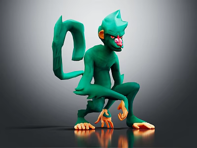 Vivid 3D Green Monkey Character Sitting With Long Tail And Orange Paws 3d model