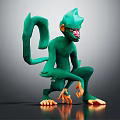 Vivid 3D Green Monkey Character Sitting With Long Tail And Orange Paws
