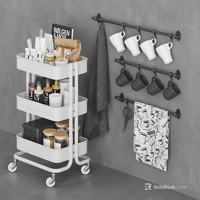 Kitchen Decorative Storage Set With White Three Tier Rolling Cart Hanging Rod Mugs And Towels 3d model 