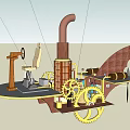 Vintage Steampunk Airship Design With Yellow Envelope Brown Tail And Mechanical Suspended Platform