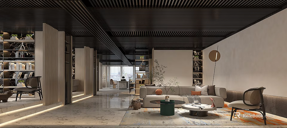 Modern Teahouse Interior Design With Black Wooden Ceiling Marble Floor Sofa Coffee Tables And Plants 3d model 