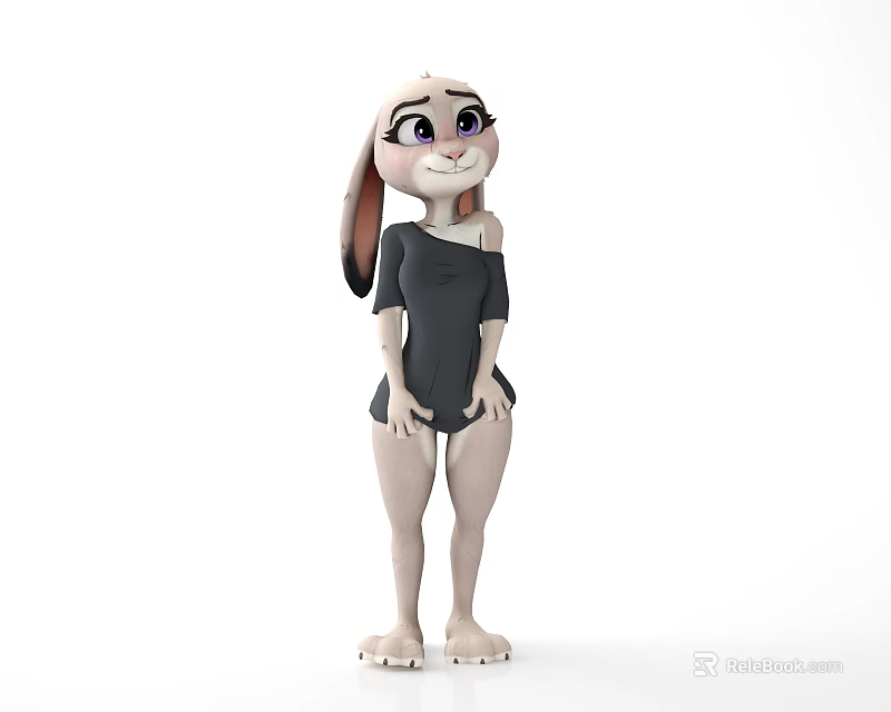 Cute Cartoon Rabbit Character Wearing Black Off Shoulder Leotard Standing Pose 3d model 