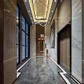 Modern KTV Lobby Interior With Circular Ceiling Lights Large Screen TV Reception Desk And Staircase