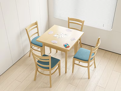 Light Wooden Square Table And Chairs Set With Blue Padded Seats In Bright Minimalist Room 3d model