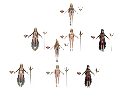 Game And Movie Mythical Characters In Various Costumes Holding Spears And Ornaments 3d model
