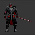 Detailed Red Skinned Warrior In Helmeted Armored Outfit Holding Red Lightsaber