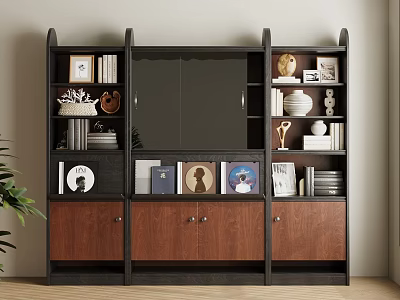 Modern Bookcase With Open Shelves Wooden Cabinets And Decorative Sculptures Photo Frames 3d model