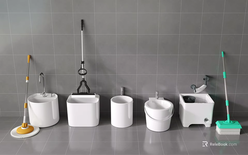 Bathroom Cleaning Tools Setup With Mop Buckets Utility Sinks And Wall Tiles 3d model