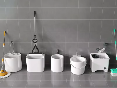 Bathroom Cleaning Tools Setup With Mop Buckets Utility Sinks And Wall Tiles 3d model