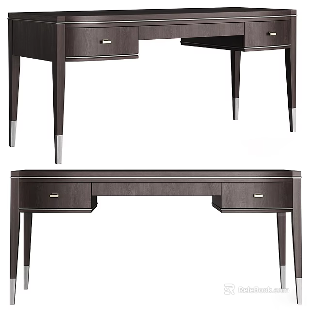 Modern Minimalist Dark Wooden Desk With Drawers And Metal Legs 3d model 