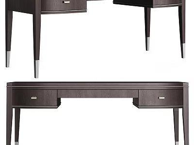 Modern Minimalist Dark Wooden Desk With Drawers And Metal Legs 3d model