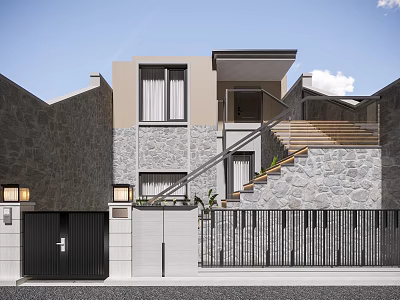 Modern Detached Villa Exterior With Stone Walls Wooden Staircase And Garage Door 3d model