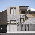 Modern Detached Villa Exterior With Stone Walls Wooden Staircase And Garage Door