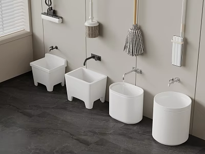 Modern Cleaning Space With White Basins Wall Mounted Tools Light Colored Walls And Gray Floor 3d model