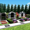 Cemetery Scene With Visitors Taking Photos Walking Path Tombstones Red Flowers And Green Trees
