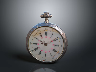 Vintage Silver Pocket Watch With Round Dial And Roman Numerals Metal Case Crown Time 3d model