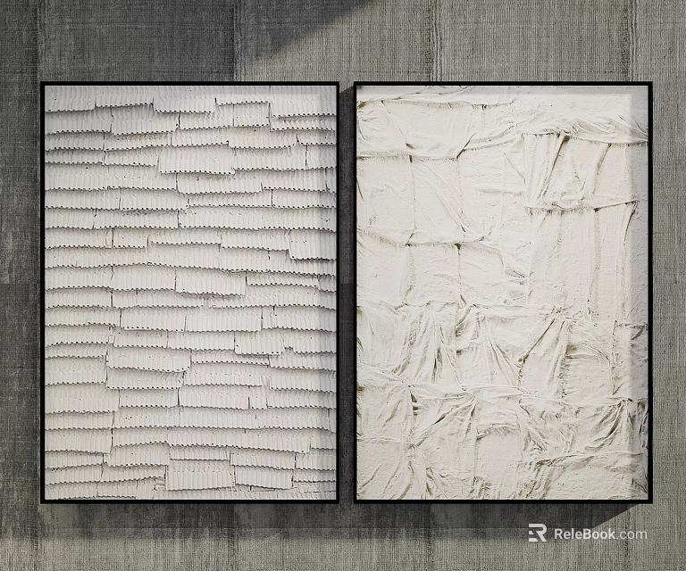 Minimalist Abstract Paintings With Layered Stripes and Wrinkled Textures in Neutral Tones on Gray Wall 3d model 