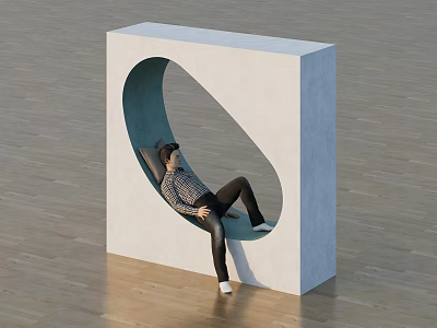 Man in plaid shirt lying in oval hole of white concrete block on wooden floor 3d model