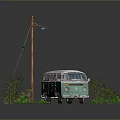 Miniature Scene Featuring Blue White Van Lamp Post Green Plants Stone Path Red Brick Ground