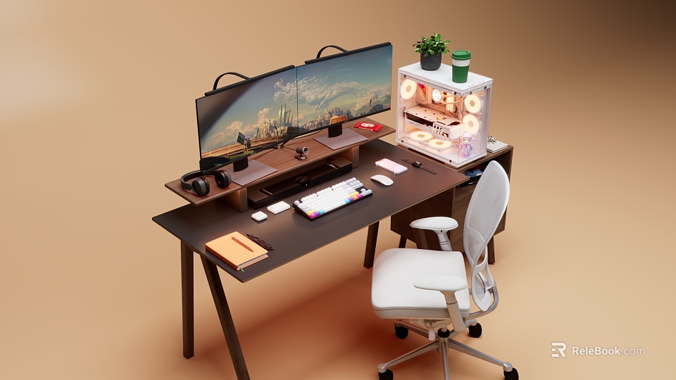 Modern Office Desk Setup With Ultrawide Monitor Ergonomic Chair And Lit Storage Cabinet 3d model 
