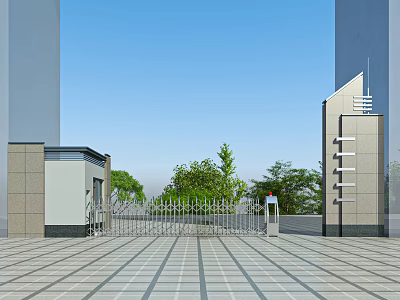 Modern Entrance Gate Design With Metal Railings Green Trees And Tiled Ground 3d model